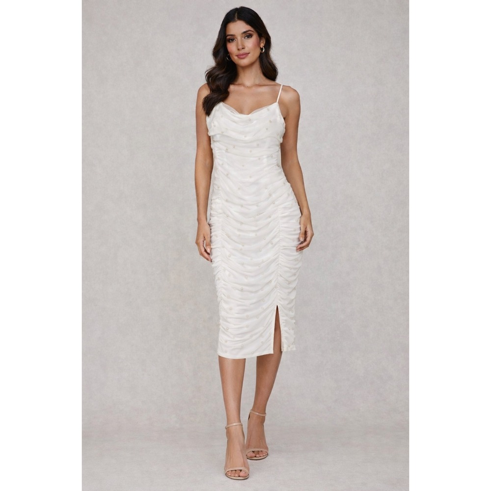 Lulu's White Ruched Beaded Spaghetti-Strap Maxi Dress